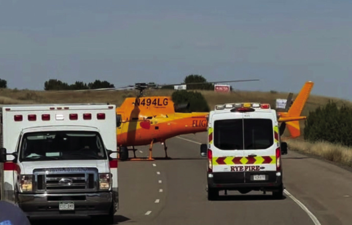 Rye Fire Protection District assisted an accident victim on I-25 until Flight for Life could pick up the patient, just one of the many calls that RFPD handled that day. Courtesy Photo
