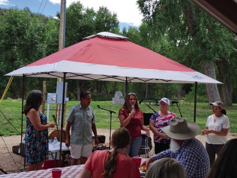 (L-R) Regina Maestri, Pueblo City Council; Eppie Griego, Pueblo County Commissioner; Kala Beauvais Pueblo District Attorney candidate; Kim Swearingen, candidate for State Representative District 46; Paula McPheeters, candidate for Pueblo County Commissioner attended the Paula for Pueblo BBQ. Photo by Shirley Pigg
