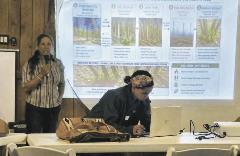 Annie Overlin (L) and Beth Hayes (front) explain how Colorado State University Extension Office can help Ag Producers who suffered losses in the Aspen Acres Fire. Photo by Shirley Pigg