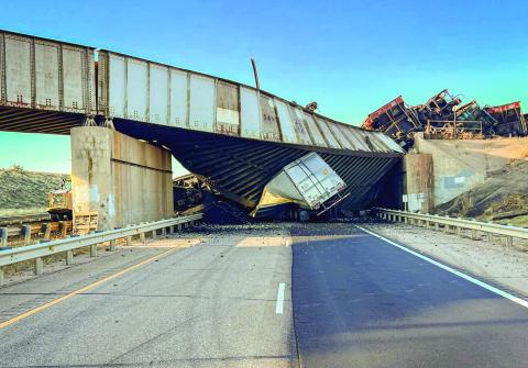 The derailment resulted in the death of a semi-truck driver when the overpass and coal cars crushed the truck he was driving. Courtesy photo