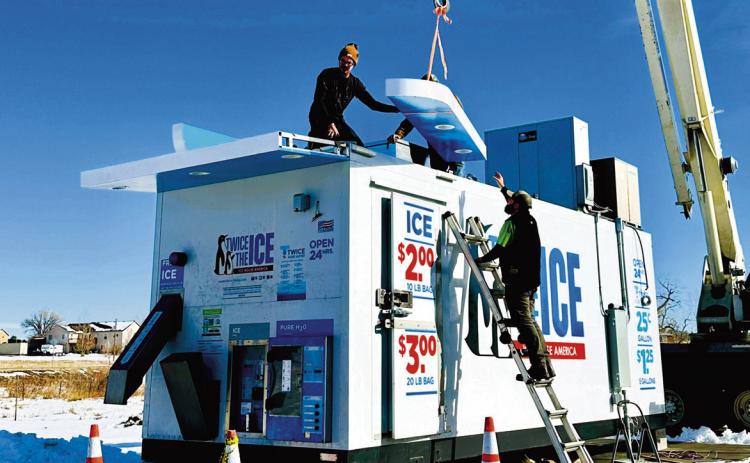 Twice the Ice, Twice Pure Water station, owned and operated by Jarrod and DeAnna Power, prepares for opening day in the Greenhorn Valley. Photo by Shirley Pigg