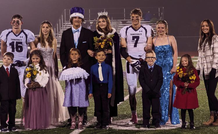 The 2022 Rye High School Homecoming Court (L-R) Taye McCauley and Brianna Prichard, King Kade Payne and Queen Sydney Griffith, Riley Rochester and Gianna Baker, with the Junior Court in front. Photo by Deb Straub