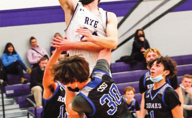 Rye’s T-Bolts had walk-off wins on Dec. 9, 10 and 11 during the Rye High School Varsity Basketball Classic with wins against Pueblo Centennial 50-46, Trinidad 63-27, and Colorado Springs School 64- 30. Sophomore Brandon Benz #24 finished with 12pts vs Pueblo, 6 points vs Trinidad and 11 points vs Colorado Springs School. Photo by Sue Barcus