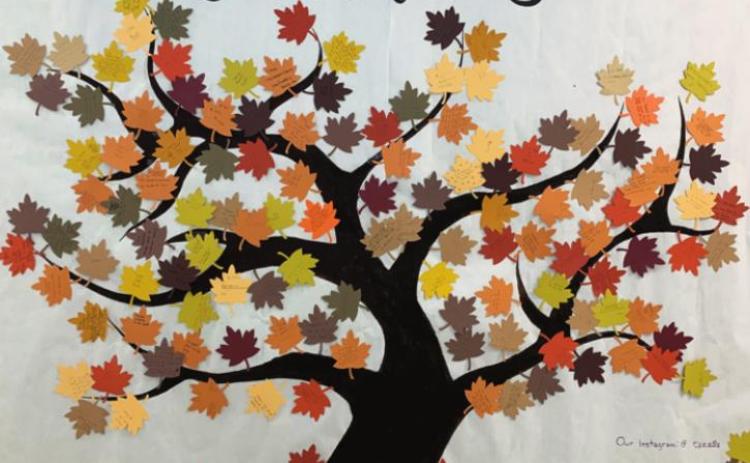Rye High School Thankful Tree, the tree was painted by Sources of Strength peer leaders Kimie Amaya and Sam Martinez. Courtesy Photo