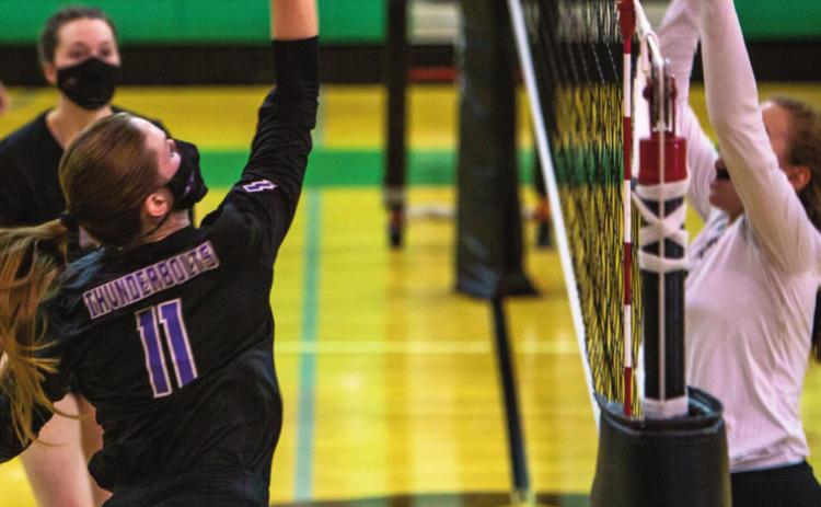 Rye answered the call after a game one defeat of 16-25 to St. Mary’s. The Lady T-Bolts weren’t about to let that happen again. They beat the Pirates the next two games and finished them off in the 5th with 15-9 win for a 3-2 victory on Saturday, Oct. 9 during a non-conference game. Rye is now 11-14 overall and 8-2 in League. Senior Morgan Elarton #11 catching the Pirate’s defense off guard on Saturday, Oct 9. Elarton had 5 kills and 4 aces against St. Mary’s. Photo by Sue Barcus