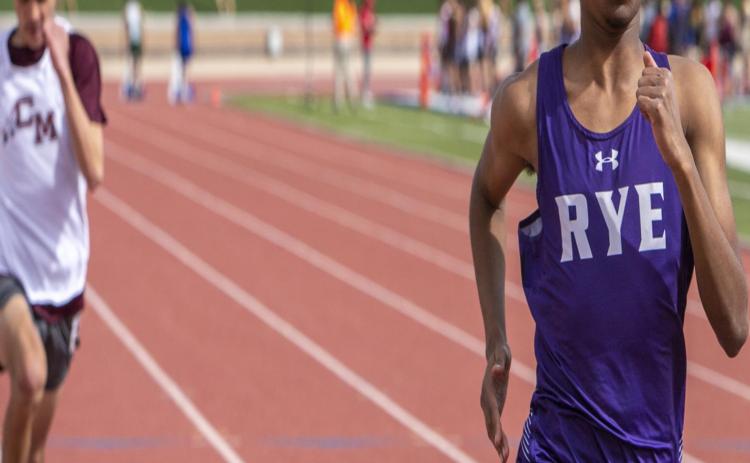 Rye’s track team came face to face with 22 other schools at the CSU Pueblo Thunderstorm Invite on April 9. Lee Miller propelling himself across finish line in the 100-meter dash. His time for that flight was 12.65. He also ran the 400-meter dash with a time of 58.30. Photo by Sue Barcus