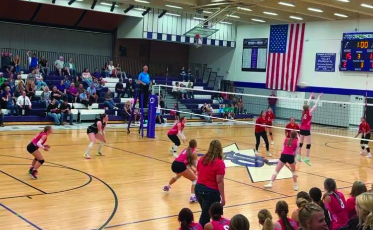 Crowley game: Hayley Newitt is up for the block. Clockwise around the court from her-Olivia Donlon, Lauren Miller, Trinity Felthager, Seine Roy, Taylor Pye Courtesy Photo
