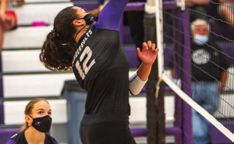 Rye's lady T-Bolts made a comeback in the 3rd and 4th games against The Vanguard School with 25-21, 25-11 scores, but lost to Vanguard 10-15 in the 5th game for a 2-3 loss. Sophomore #12, Jordan Holgerson slamming the Courser's defense with another hard hit. Photo by Sue Barcus