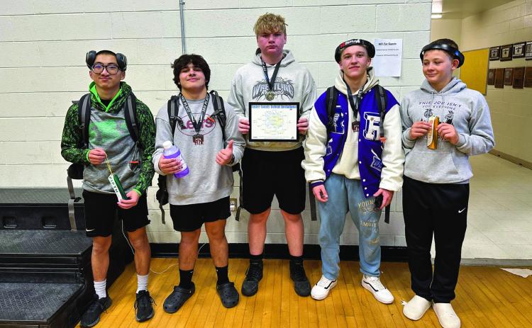 Wrestling Team Custer County Tourney, (L-R) Andy Pritchard, Jose Martinez, Dayton Blok, Skyler Moore, Kade Kenny Courtesy Photo