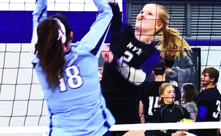 Leah Peterson scores a point against Trinidad. Rye won the Trinidad 3-0 in a tournament hosted by Rye High School. Photo by Deb Straub
