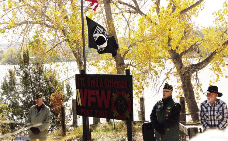 VFW Post 7305 Officers (L-R) Tom Howard, Adjutant/Quartermaster; Jerry Collins, Junior Vice Commander; and Donald Shumake, Chapain, attend a post renaming ceremony honoring the late Fred Ettleman on Saturday. Photo by Terry Kraus