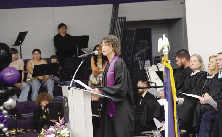 Educator and class sponsor Karen Hopkins shares her wishes with the Rye High School class of 2025. Terry Kraus