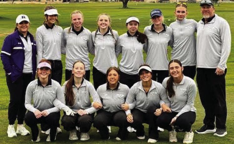 RHS Golf Team - (Left to right, back row): Erin Ruiz, Hannah Davis, Adiena Jarbo, Olivia Garrison, Kendall Lathrop, Olivia Donlon, Holly Nelson, Nick Donlon (Left to right, front row): Irie Sutton, Ariel Miller, Melody Twarog, Gloriana Ruiz, Reese Simpson Courtesy Photo