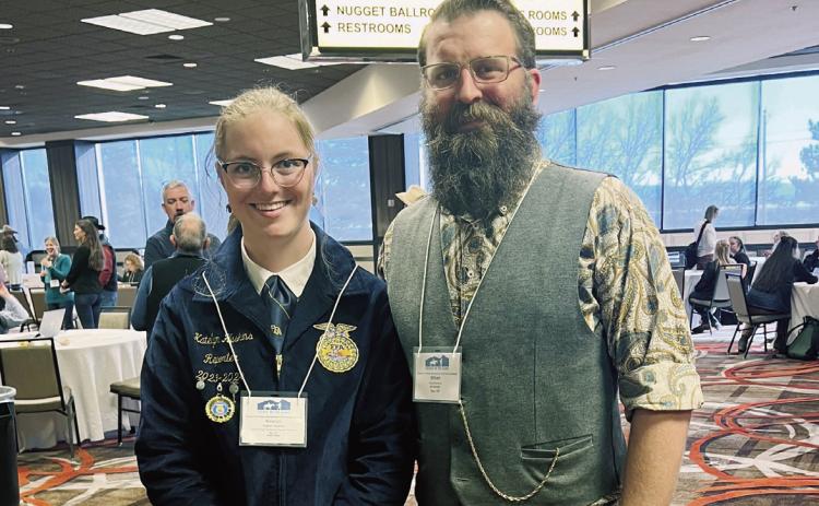 Katelyn Huskins, First place winner in the Society for Range Management’s Youth Forum, and Ethan Beeman, Rye FFA Advisor and Ag teacher, travel to Nevada contest. Courtesy Photo