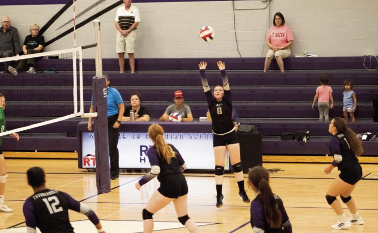 Jackie Newitt, Thunderbolt leader in assists, sets up a teammate for a spike. Photo Courtesy of Kacie Anglin