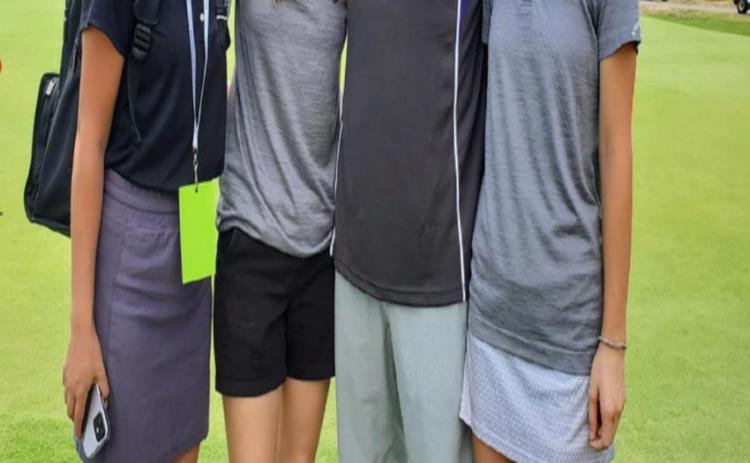 New Head Golf Coach Anna Jordan (L) with state qualifiers Morgan Voss and Paige Hyatt, and previous Head Coach Daryl Voss. Courtesy Photo