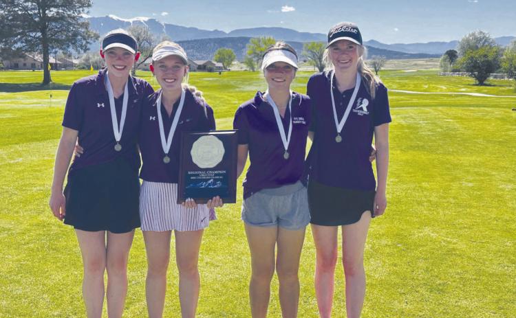 RHS Golf team members (R-L) Kelsy Stribling, Kenzie Nielsen, Gloriana Ruiz, and Olivia Donlon are Regional Champions, and headed to state next Monday and Tuesday at Pueblo Country Club. Courtesy Photo