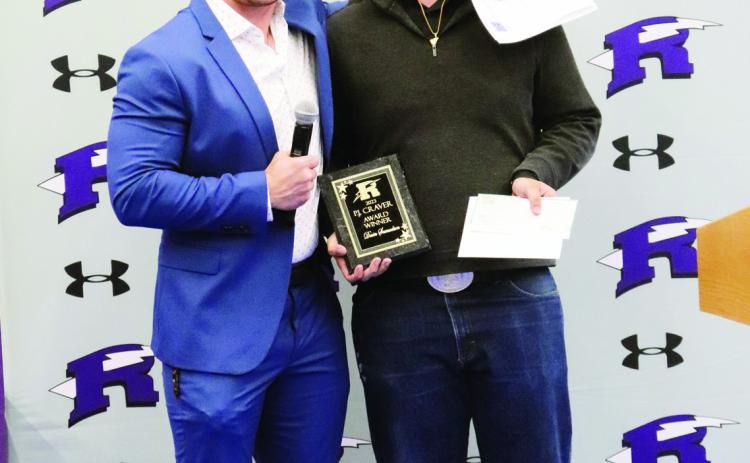 Devin Samuelson with his award and RHS Athletic Director Matt Addington. Devin also earned a $1000 scholarship for receiving the PJ Craver Award. Photo Courtesy of Kacie Anglin