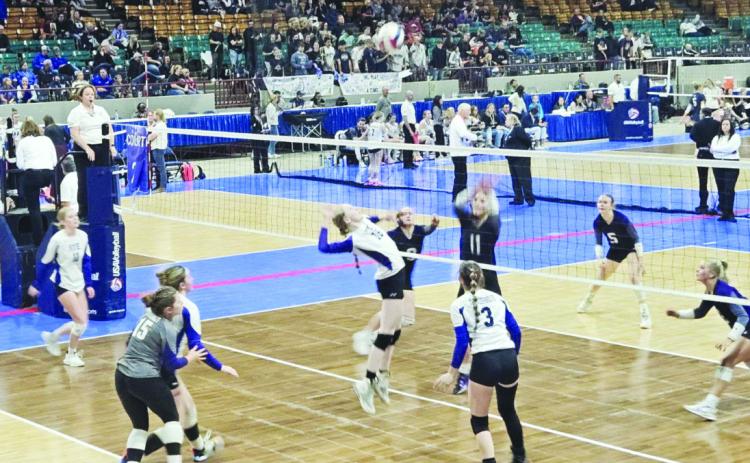 Hayley Newitt flies high in the air to block a shot in the volleyball state tournament. Rye won their initial state outing but dropped the next two, including a 3-0 loss to eventual 2A state champion. Courtesy Photo