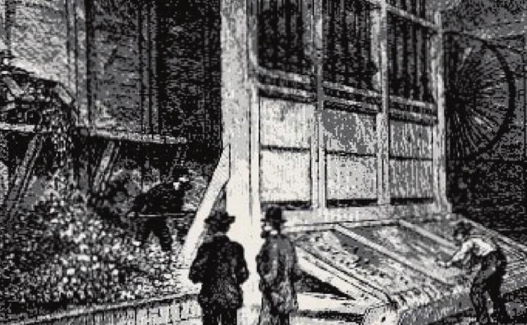 A Stamp Mill was a crushing machine powered by water or steam. Iron stamp heads or shoes are dropped on pieces of ore which rest on iron dies. The finely crushed ore proceeds to the next stage of processing. Courtesy Photo