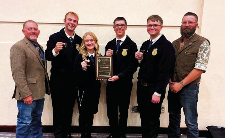 The Rye Ag Sales team won individually, three silver medals, one gold medal, and an overall silver plaque for the team. (L-R) Ag Sales Team Coach, Jay Nielson, Tony Adams, Kenzie Nielson, Cody Dodge, Jesse Huskins, and RHS Ag sciences teacher and FFA Advisor Ethan Beeman Courtesy Photo