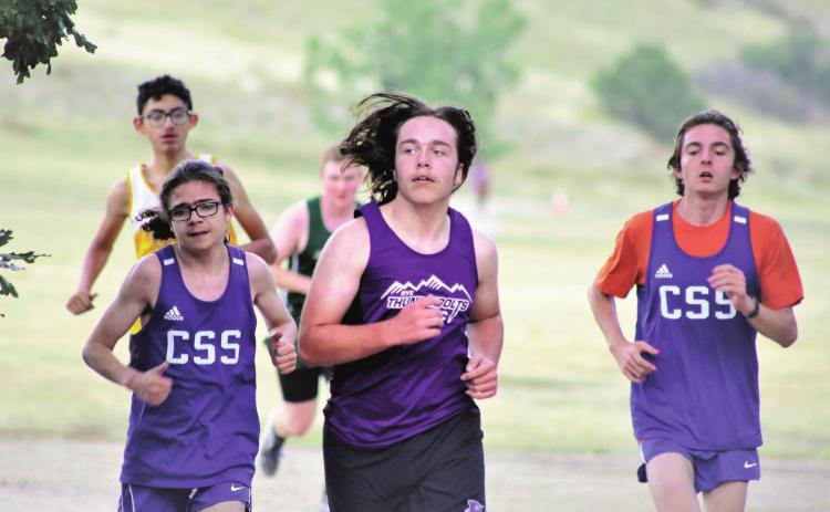 Rye High School boys varsity runner Colton Hendricksen sets a strong pace during the cross country meet on Tues. Sept. 28th at Greenhorn Valley Park in Colorado City. Photo by Emily Colton